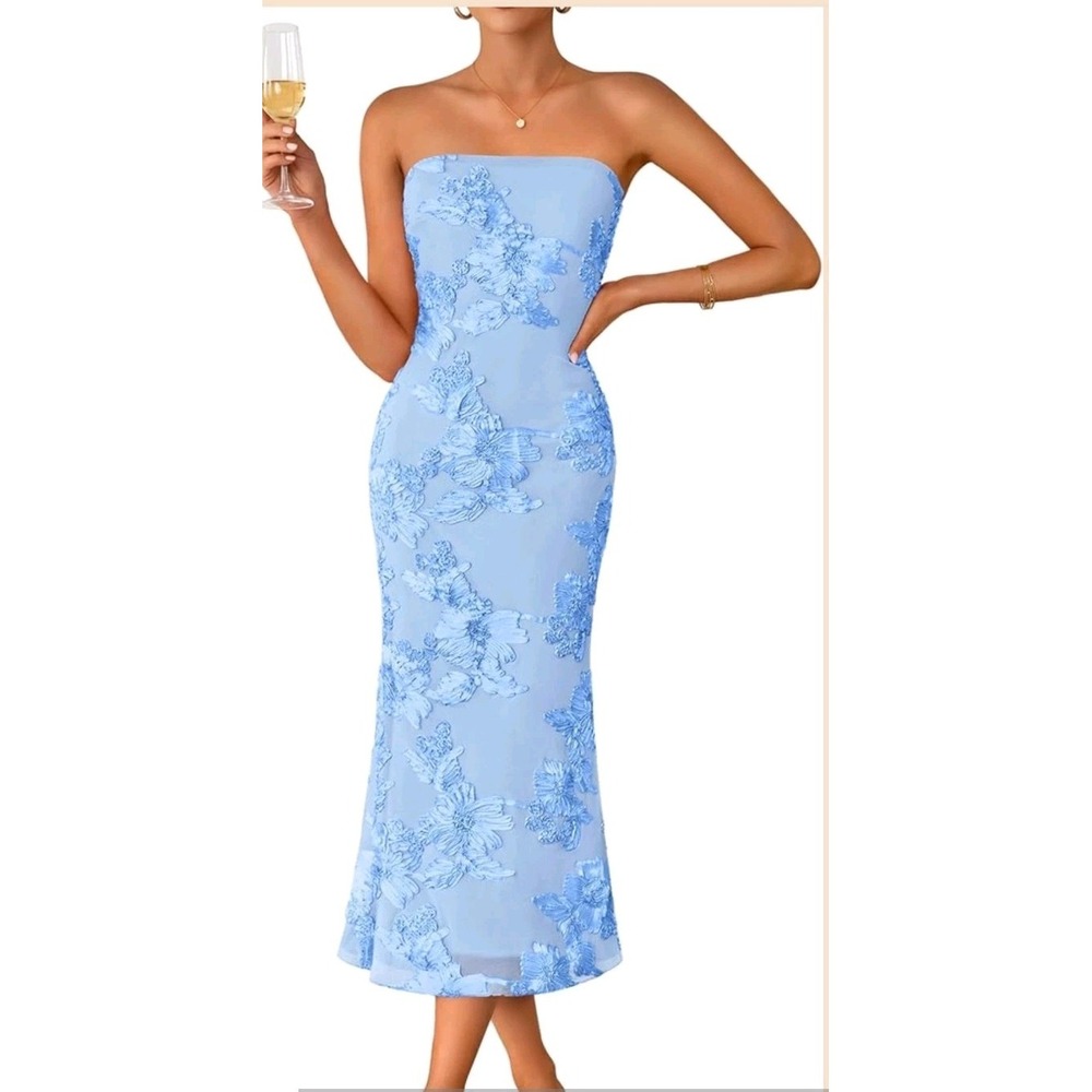 Zesica Embroidered Floral Strapless Dress Blue Mesh Cocktail, Wedding, Prom L